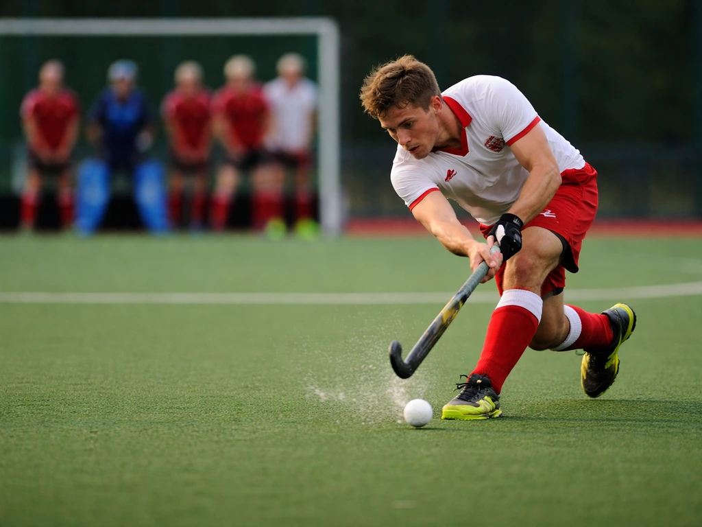 Joueur en action de tir juste après un penalty corner, terrain de hockey et cercle en arrière-plan.