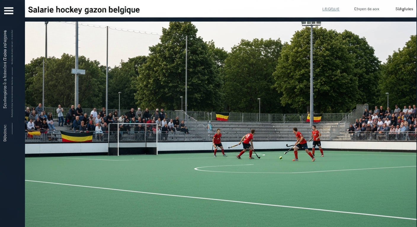 Match de hockey sur gazon en Belgique : joueurs en action, tribunes avec drapeaux belges