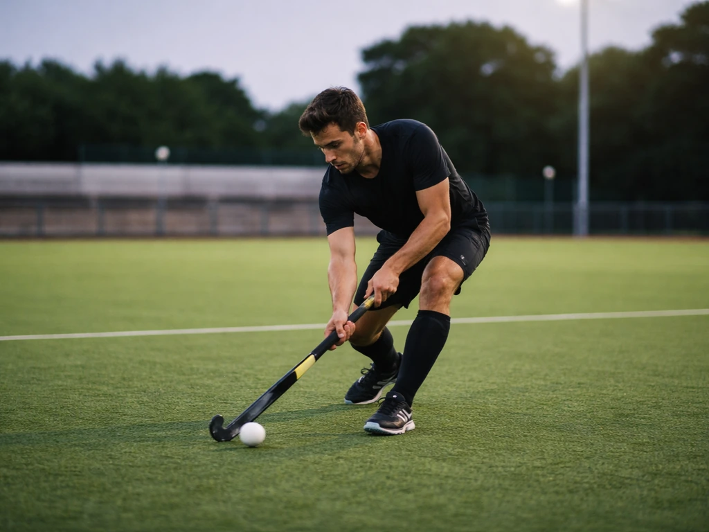 Joueur de hockey sur gazon anonyme frappant le ballon sur un terrain vert au Portugal, ambiance match.