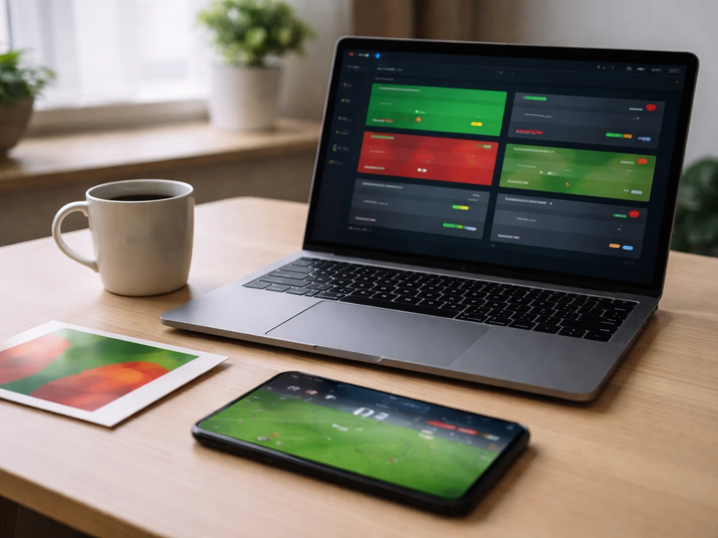 Bureau avec ordinateur et smartphone affichant des écrans sportifs abstraits pour suivre des matchs en live.