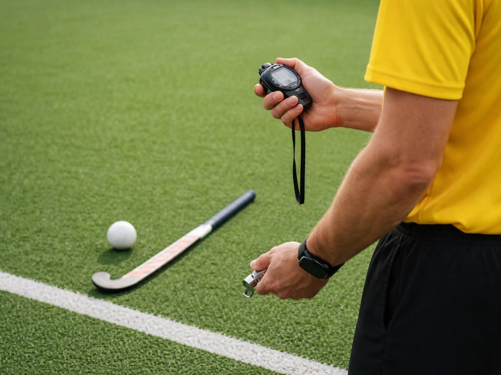 Plan rapproché d’un arbitre avec chronomètre, ballon et stick de hockey sur gazon sur un terrain de match.