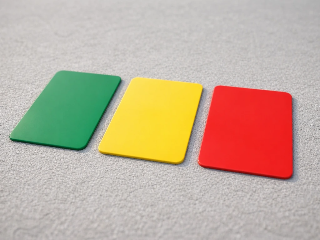 Trois cartons de hockey sur gazon, vert jaune rouge, posés sur une surface simple pour montrer l’échelle des sanctions.