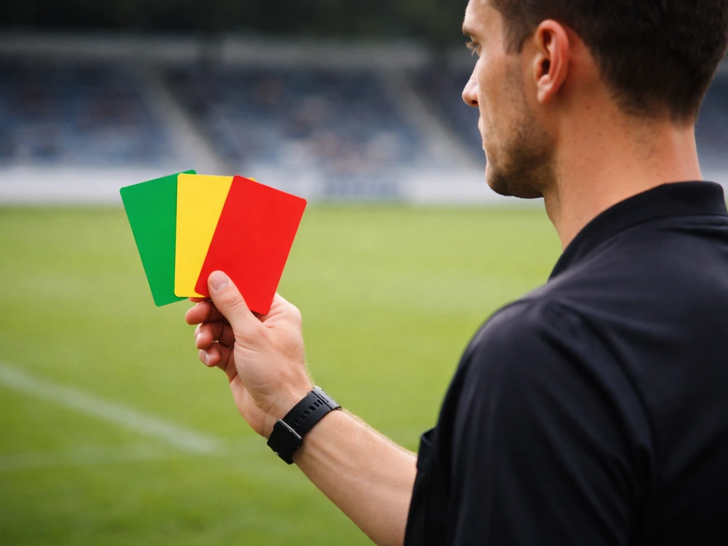 Arbitre de football tenant trois cartons colorés, dans un stade vide, montrant des sanctions différentes.