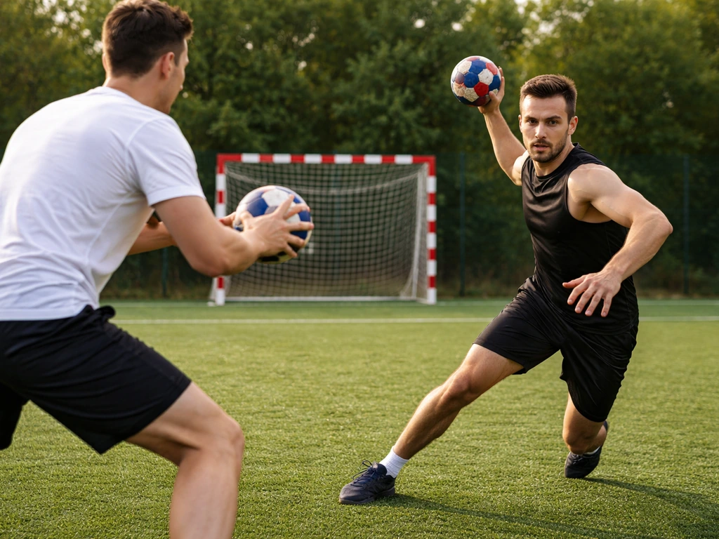 Duel de handball sur gazon en extérieur : passe et tir près d’un but, ballon au premier plan.