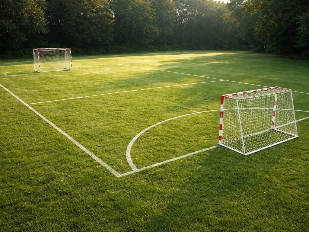Petit terrain de handball sur herbe, buts posés et marquages au sol pour une partie extérieure.