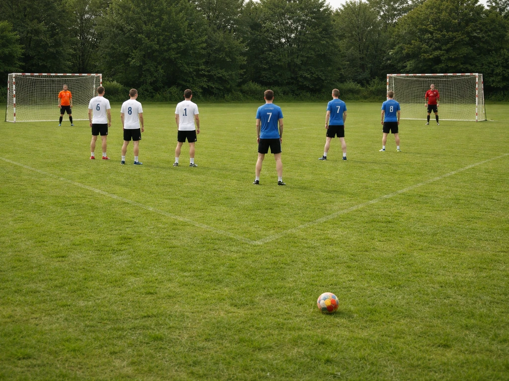 Sur un terrain d’herbe, cinq joueurs de handball en formation 5 contre 5 avec un gardien par équipe.