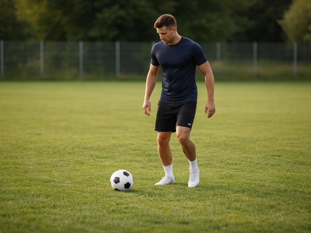 Footballeur en échauffement sur gazon, contrôle au sol et tir, entraînement extérieur au crépuscule.