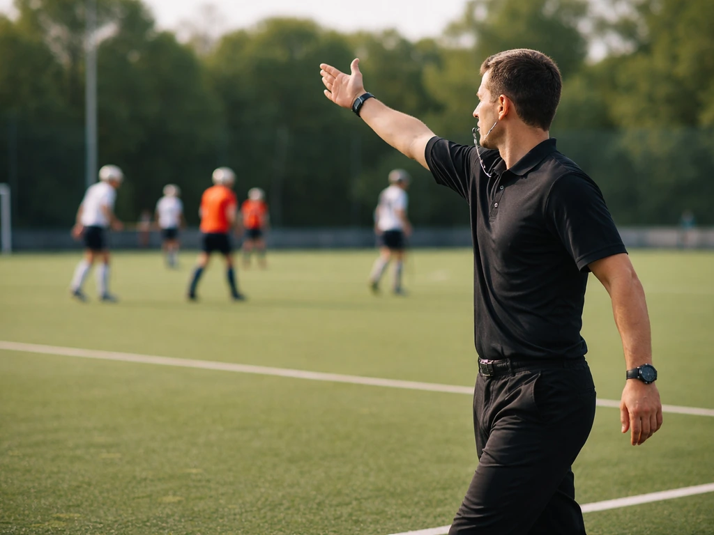 Arbitre de hockey sur gazon au bord du terrain, geste de direction en pleine action, match en arrière-plan.