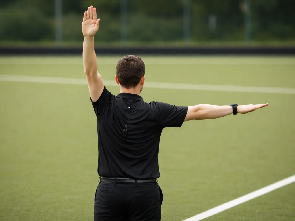 Arbitre anonyme de hockey sur gazon faisant un geste officiel avec les bras sur un terrain vert.