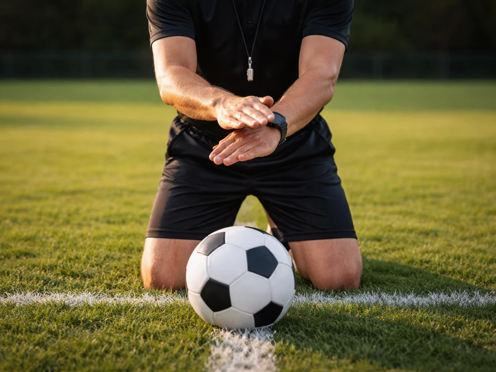 Arbitre de football en plan rapproché, mains en action pour un engagement de jeu, ballon tenu au sol.
