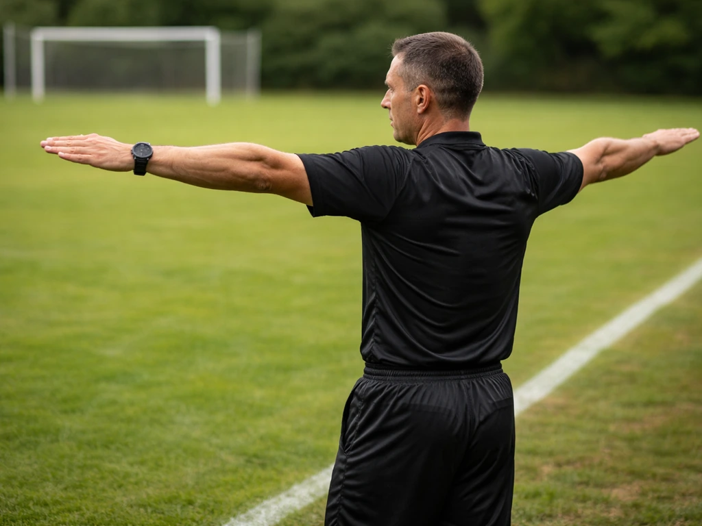 Arbitre de football tendant les deux bras à l’horizontale pour une remise en jeu après balle sortie en fond de terrain.