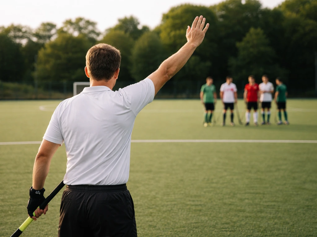 Joueur de hockey sur gazon signalant une pénalité, bras levé au-dessus de l’épaule, terrain calme en arrière-plan.