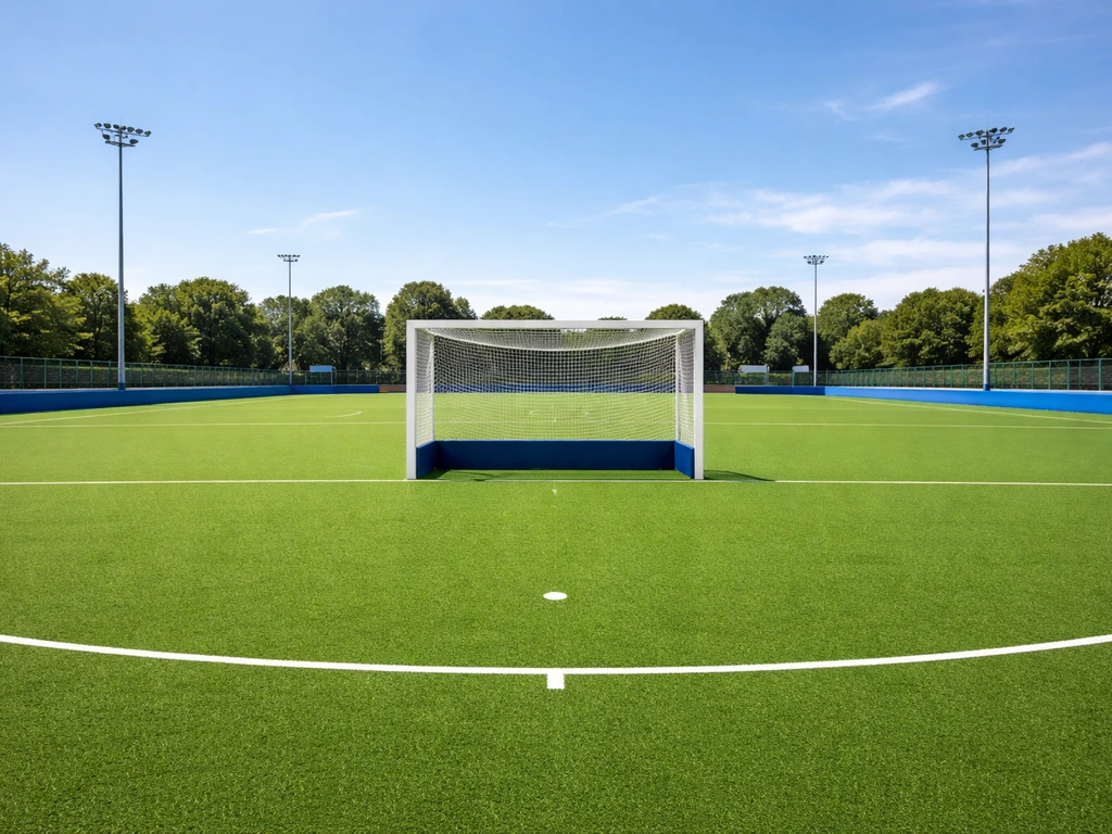 Terrain de hockey sur gazon avec but et marquages, vue minimale et réaliste en extérieur.