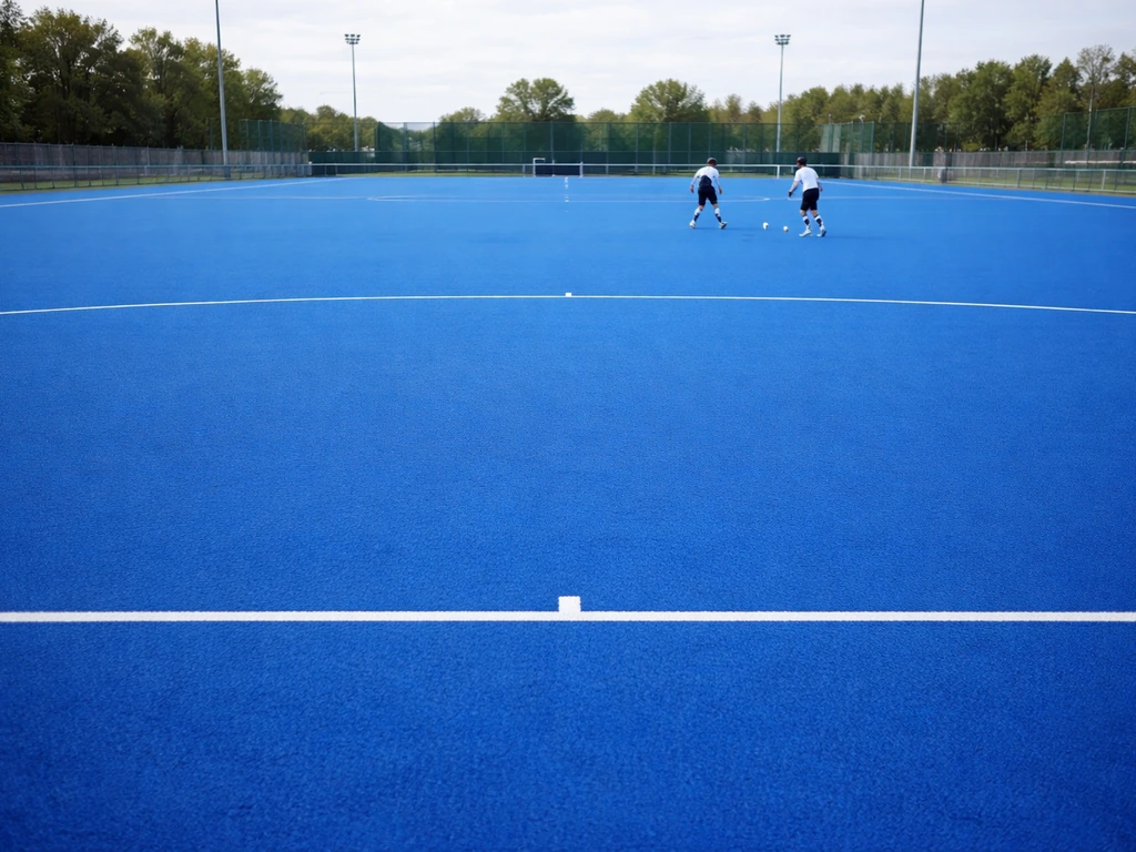 Terrain bleu de hockey sur gazon en France, surface bleue nette et joueurs en arrière-plan