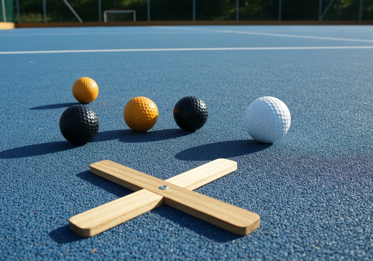 Trois balles de hockey sur gazon et une crosse sur un terrain, symbolisant France, Europe et monde