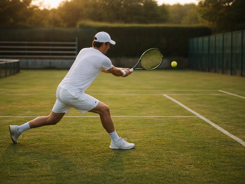 Joueur de tennis sur gazon en extérieur lors d’une dernière journée de saison, lumière douce de fin d’après-midi.
