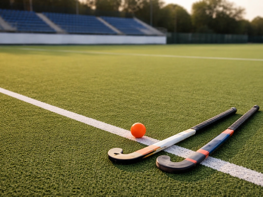 Terrain de hockey vide avec ballon et crosses, ambiance d’avant-tournoi avant une compétition internationale.