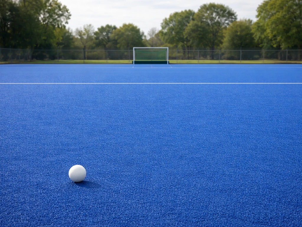 Vue d’ensemble d’un terrain de hockey sur gazon bleu avec une balle au premier plan.