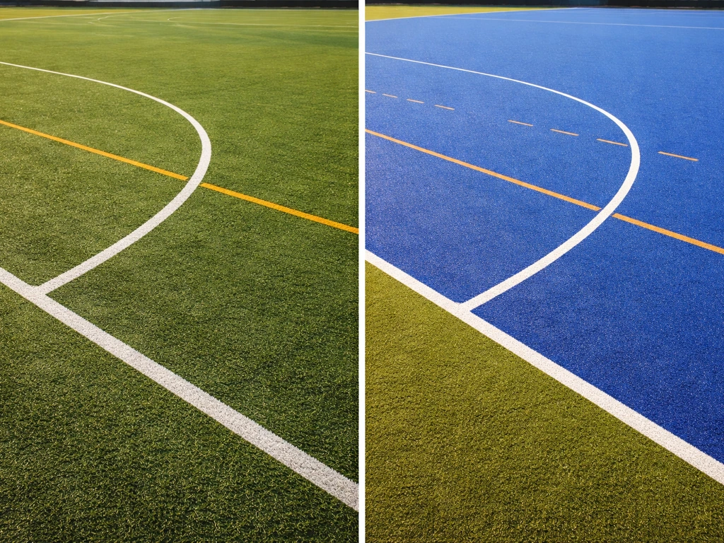 Comparaison côte à côte : un terrain de hockey vert et un terrain bleu avec marquages au sol distincts.