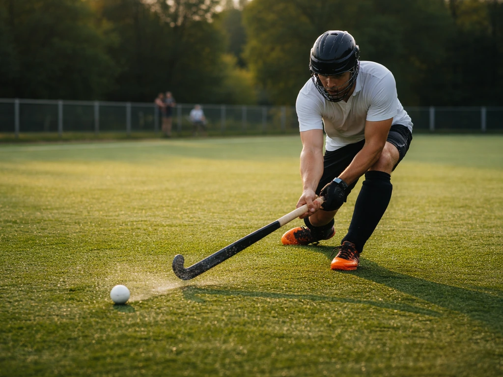 Match de hockey sur gazon sur un terrain gazonné des Hauts-de-France, joueur en action près du but