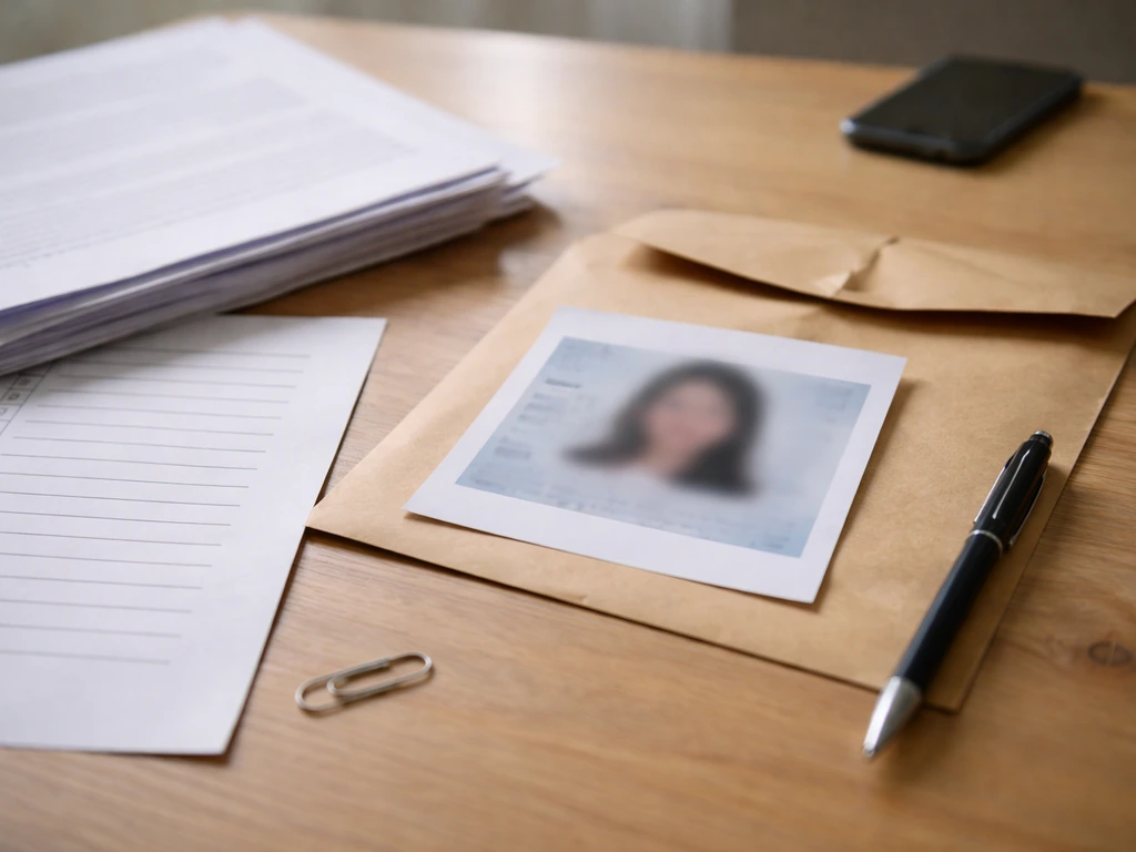Table de bureau avec documents pour une demande de licence, stylo et copie d’identité floutée