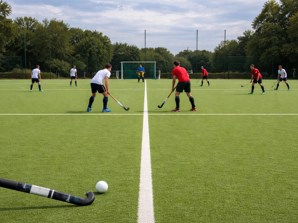 Match de hockey sur gazon : ballon, crosses et gardien près du but sur un terrain dégagé.