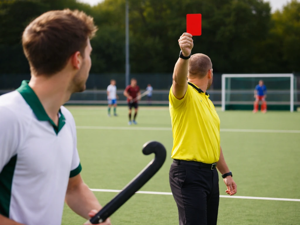 Arbitre levant un carton rouge dans un match de hockey sur gazon sur terrain synthétique, ambiance tendue.