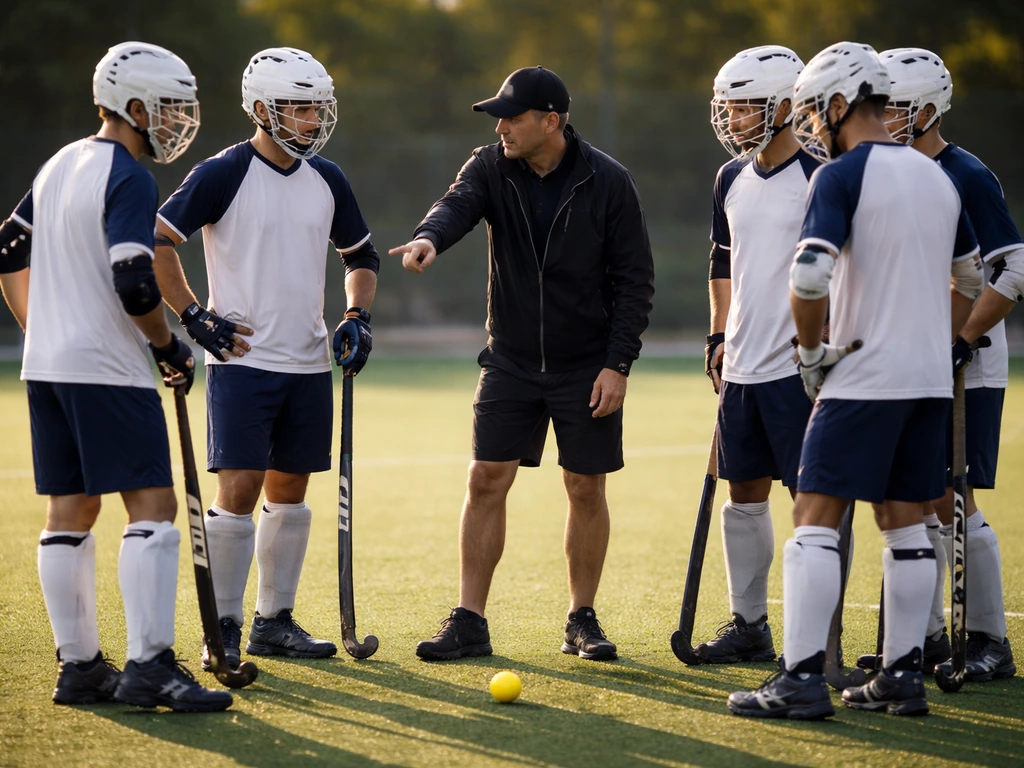 Briefing d’avant-match sur un terrain de hockey sur gazon, coach anonyme et joueurs disciplinés, matériel visible.