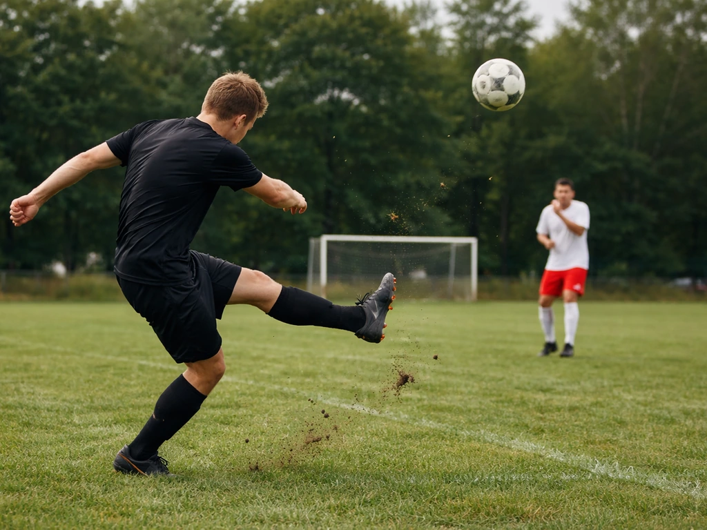 Instant de tir au football avec une crosse haut placée, montrant le danger pour un adversaire hors focus.