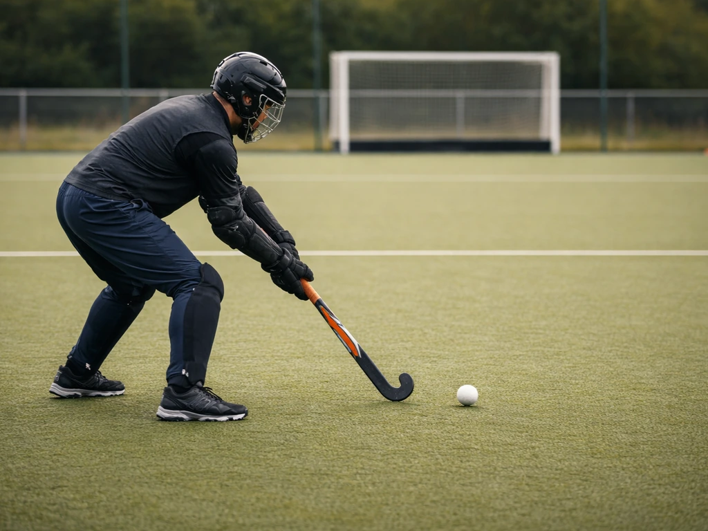 Un joueur anonyme de hockey sur gazon frappe la balle sur un terrain synthétique, ambiance match locale.