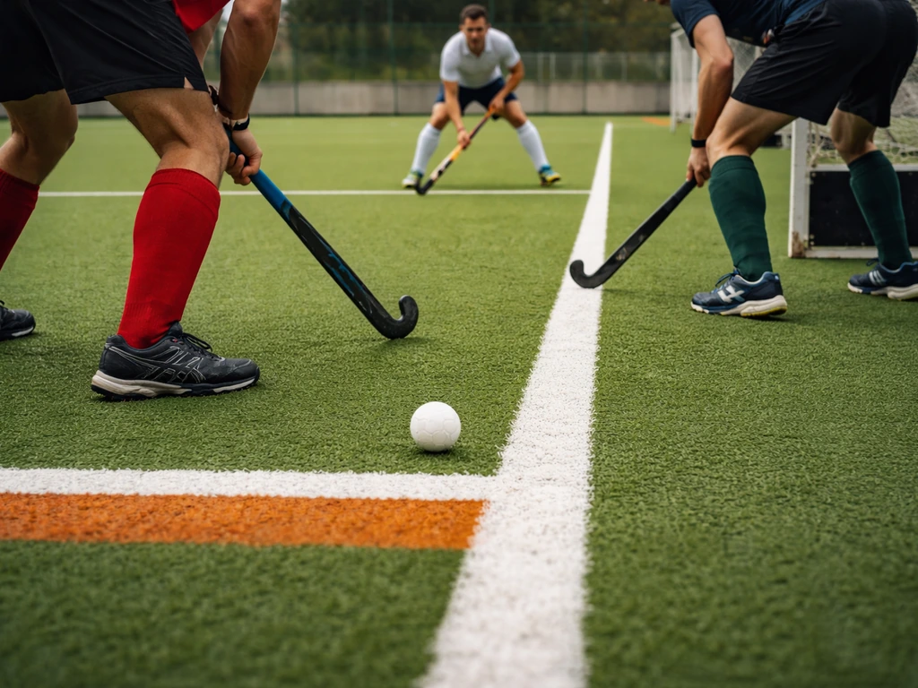 Vue depuis le cercle : joueurs de hockey en position pour un penalty corner, départ depuis la ligne de but.