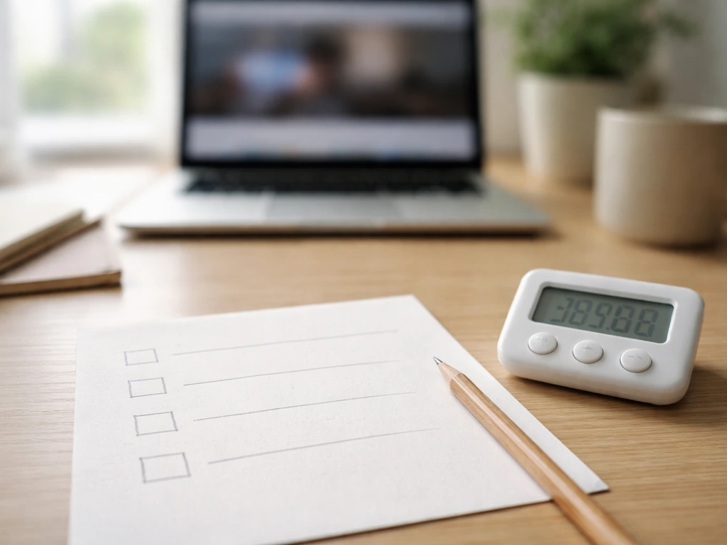 Bureau minimal avec feuille et cases à cocher floues, minuteur à côté, ordinateur portable en arrière-plan