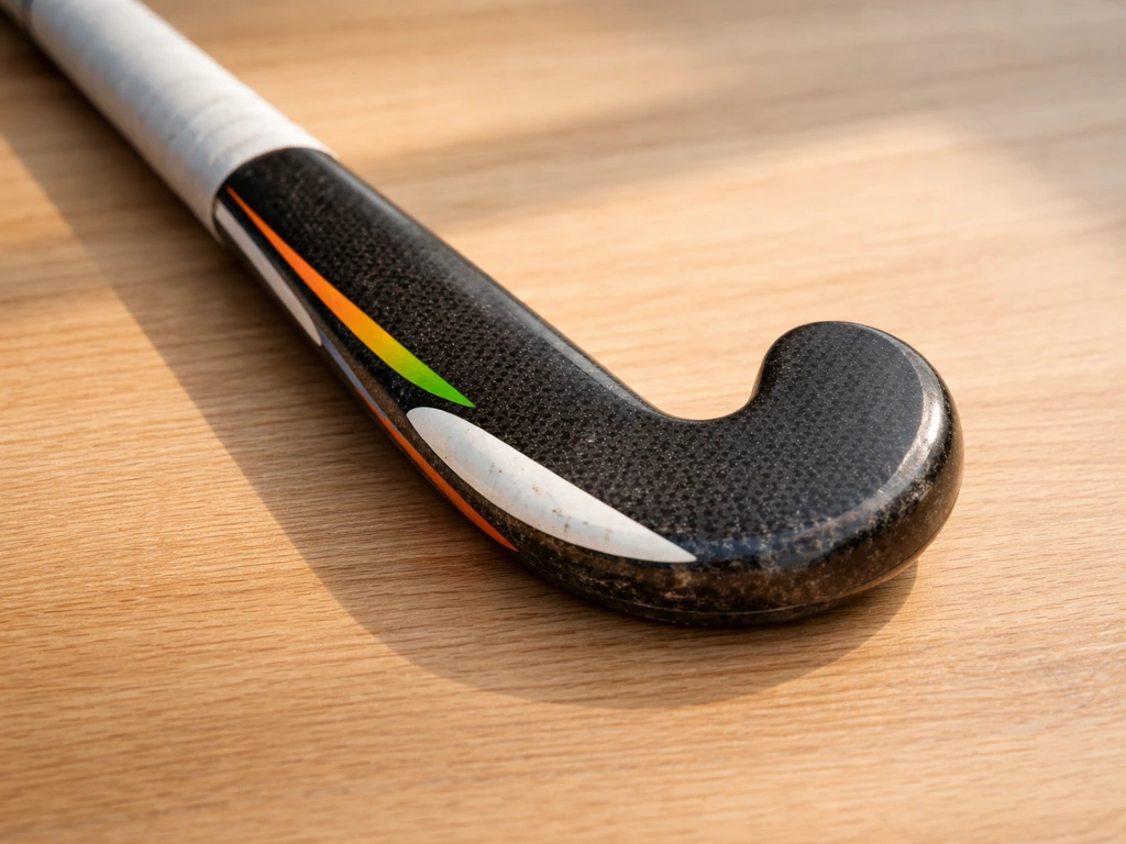 Gros plan d’une crosse de hockey sur gazon, manche et palette clairement visibles, lumière naturelle.