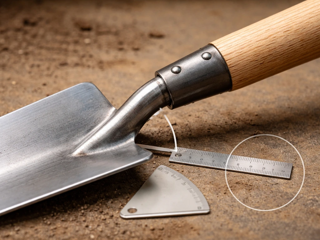Gros plan d’une pelle/manche : angle entre la palette et le manche, avec repères d’angle et cercle de section.