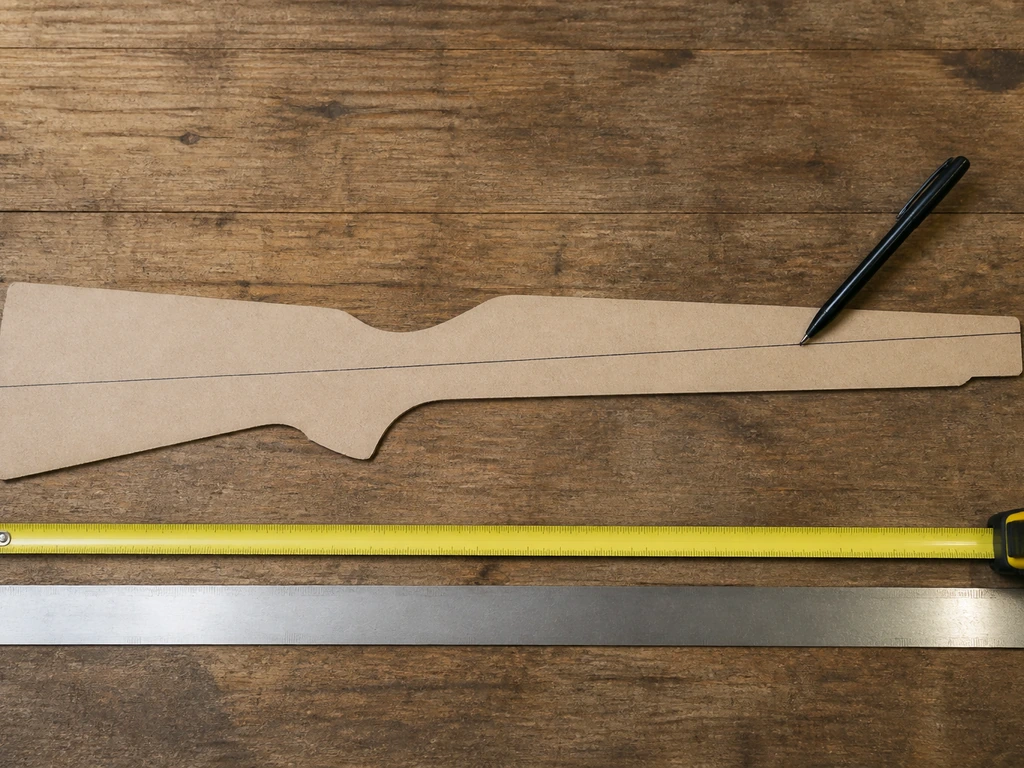 Sur une table, un gabarit de crosse avec une ligne d’axe central tracée et un mètre ruban aligné.