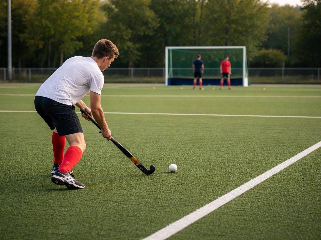 Terrain de hockey sur gazon au Luxembourg pendant un entraînement, but visible et joueurs anonymes.