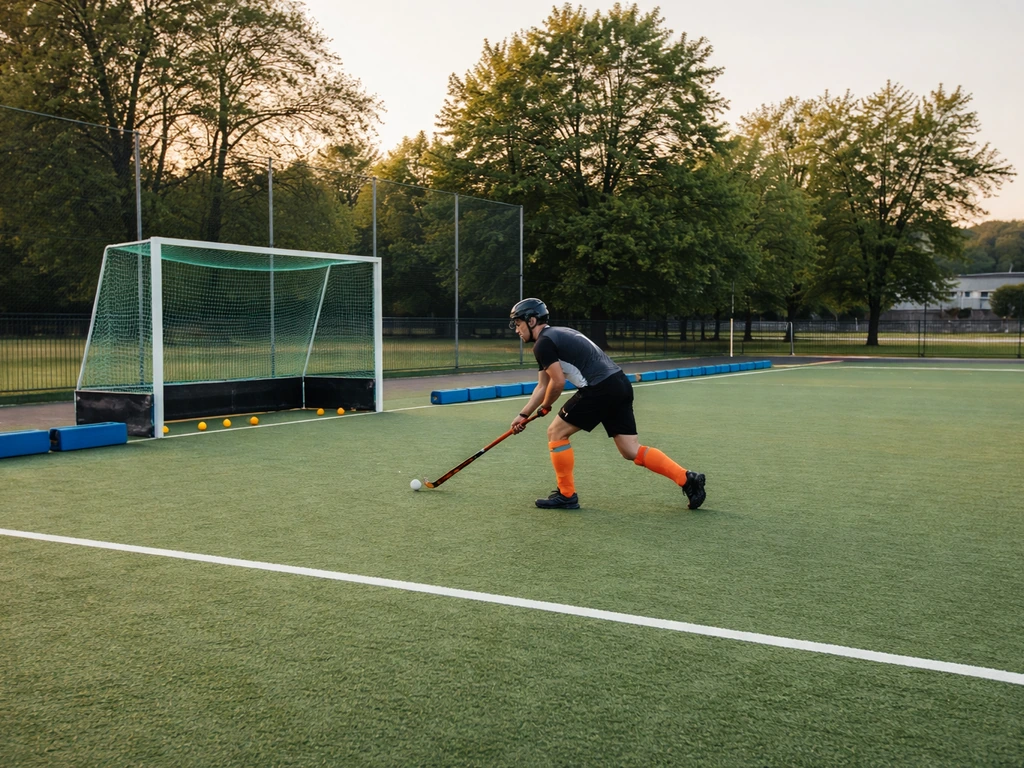 Terrain de hockey sur gazon synthétique au Luxembourg, vue réaliste d’un club local en pleine action.