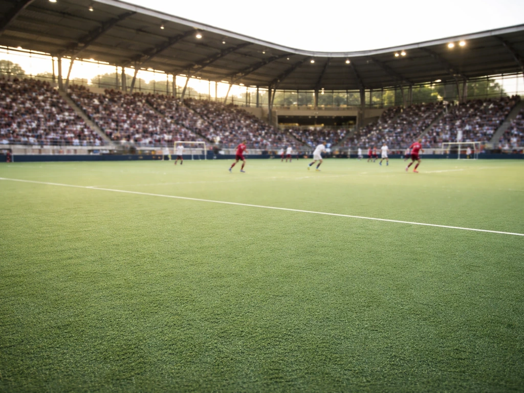 Vue photoréaliste du terrain et des tribunes de la Belfius Hockey Arena à Wavre, ambiance de match de hockey sur gazon.