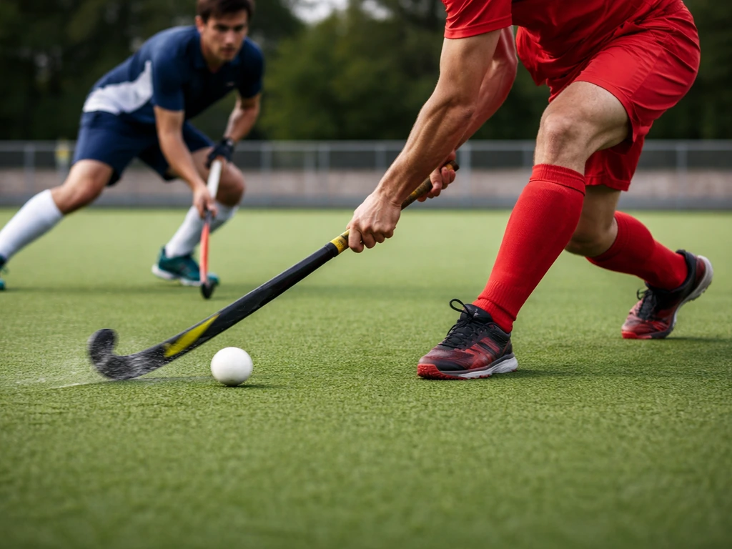Athlètes anonymes en action lors d’un match de hockey sur gazon, balle au sol et crosse en mouvement.