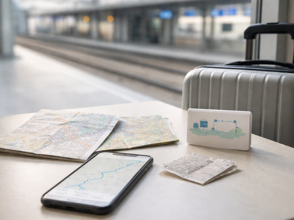 Logistique de voyage près d’une gare moderne, smartphone et petite valise suggérant un trajet vers Wavre depuis Bruxelle