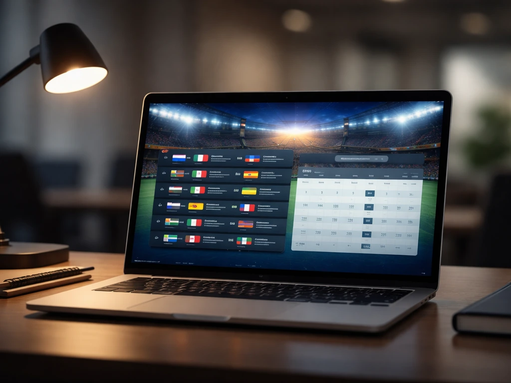 Écran d’ordinateur montrant une page d’événement sportif international, bureau calme et minimaliste.