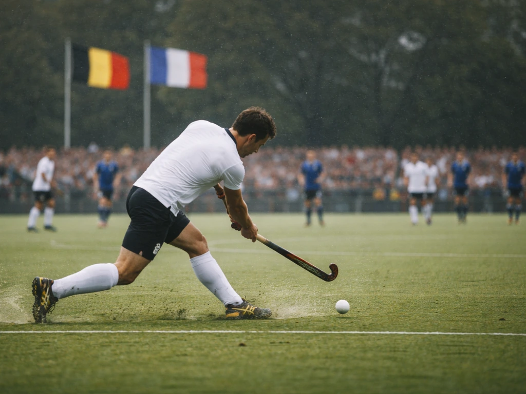 Match de hockey sur gazon en Belgique contre la France, joueurs en action sous une ambiance sportive.