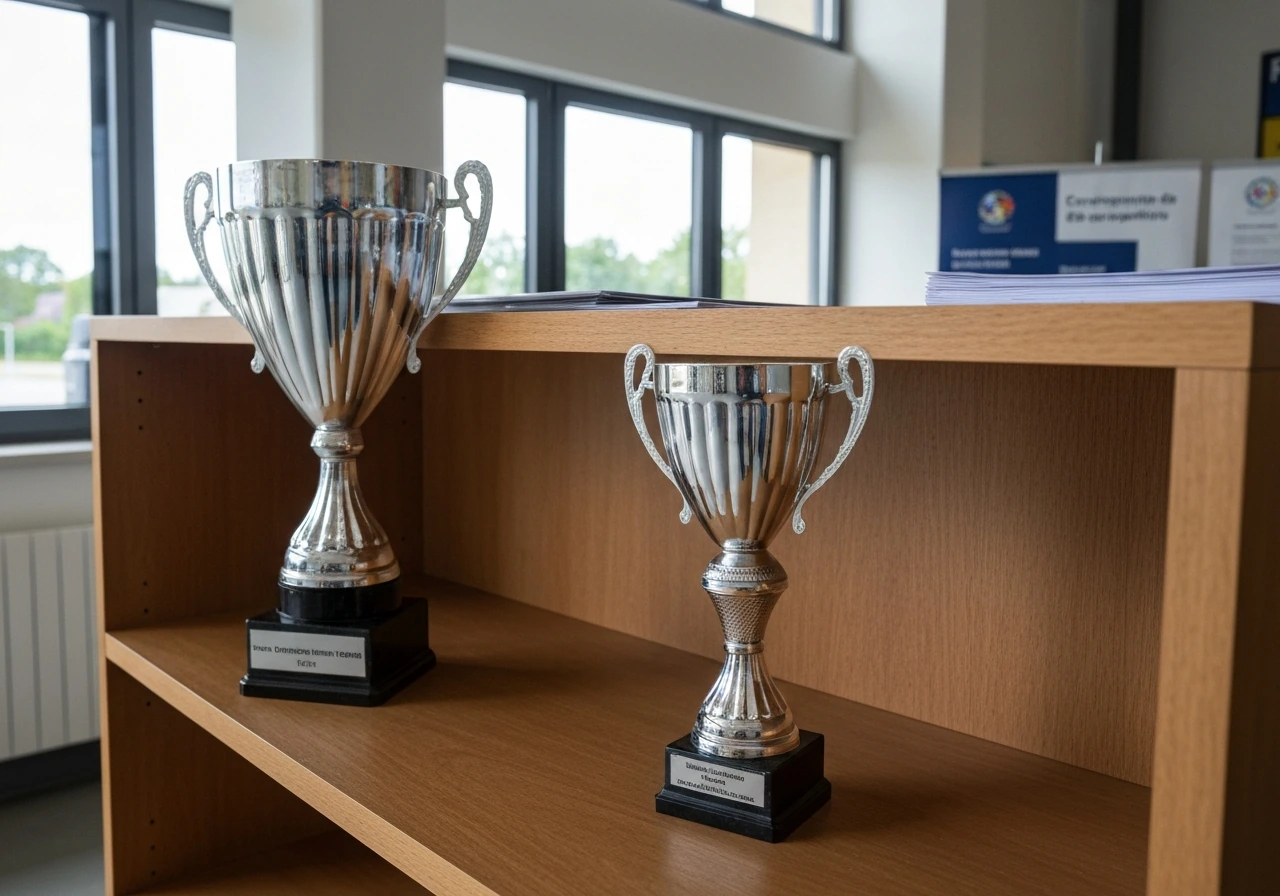 Trophées de hockey sur gazon et affichage d’événement dans un hall, ambiance organisation et gouvernance.