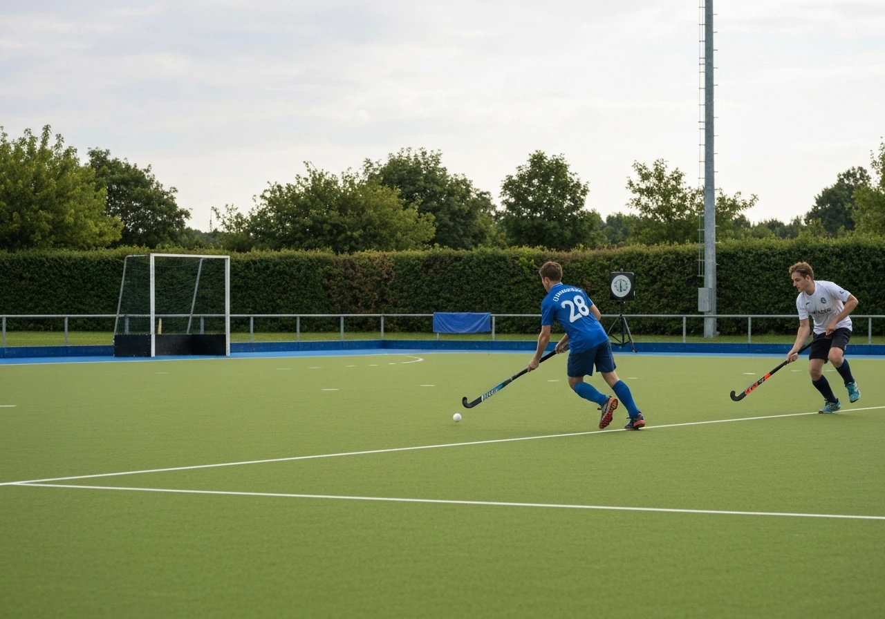 Match de hockey sur gazon sur un terrain engazonné, but et crosses au premier plan, ambiance de ligue