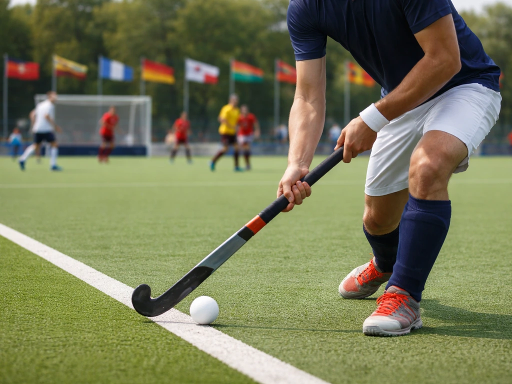 Plusieurs équipes de hockey sur gazon en action, avec ballon et crosses, et drapeaux au fond pour 2026.