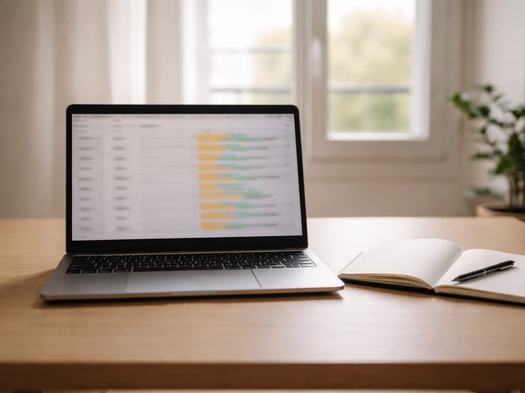 Table de travail avec ordinateur portable montrant un tableau de classement flou, sans texte lisible.