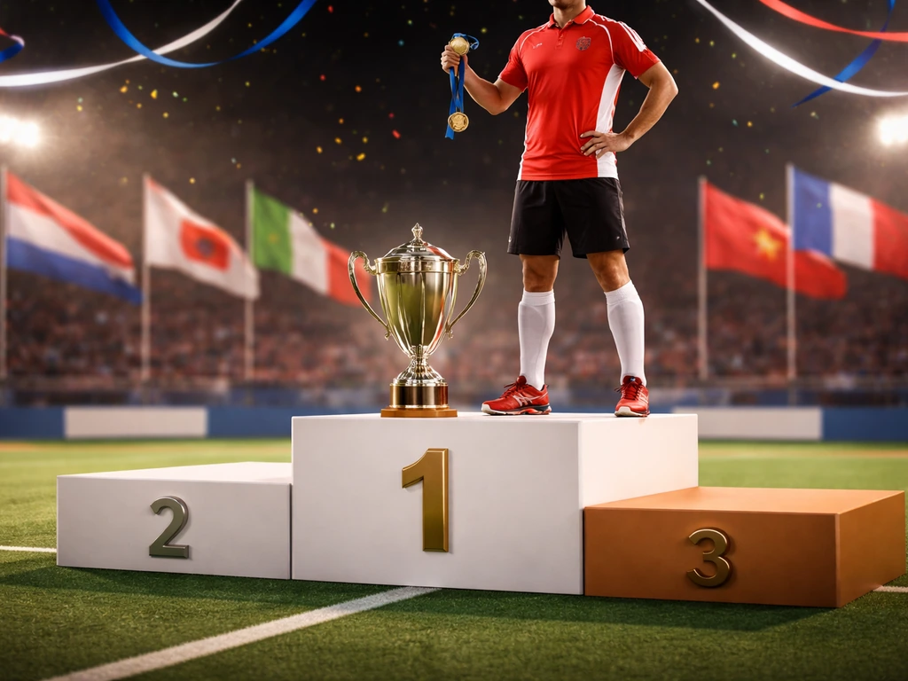 Podium de finale de hockey avec trophée central et médaille, drapeaux stylisés en arrière-plan, personne anonyme.