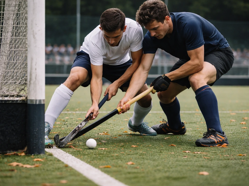 Deux joueurs anonymes de hockey sur gazon se disputent le ballon, ambiance de match de saison.