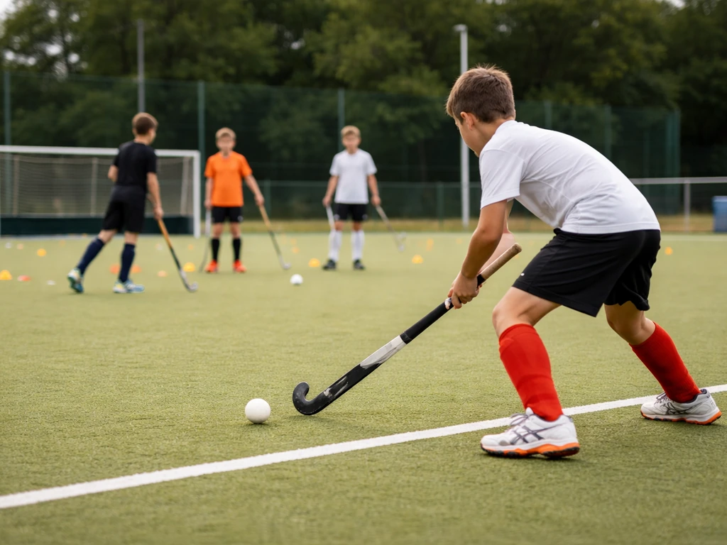 Entraînement de hockey sur gazon synthétique avec jeunes joueurs en action, ambiance club