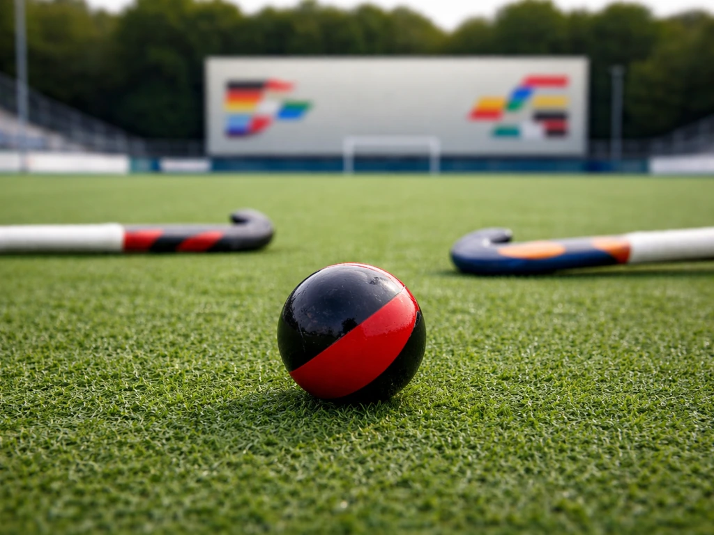 Ballon et crosses de hockey sur gazon sur une pelouse, avec un panneau de tournoi européen flou en arrière-plan.